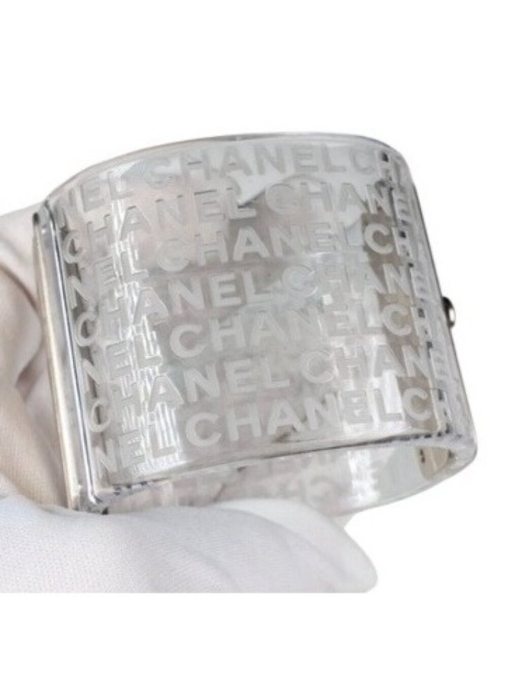 Chanel 2018 Clear Resin Logo Hinged Cuff Bracelet Silver-Tone